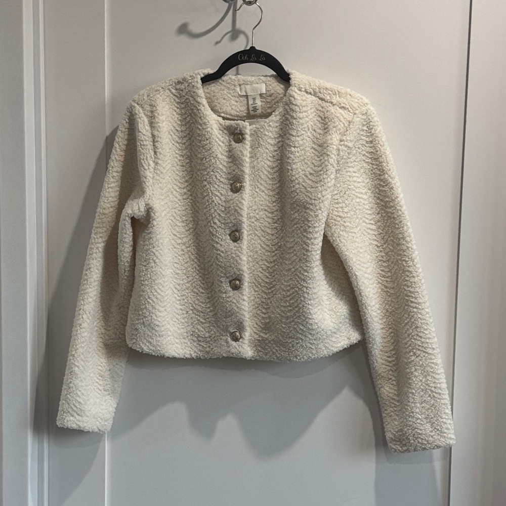 H&M Cream Teddy Jacket with Button Detail